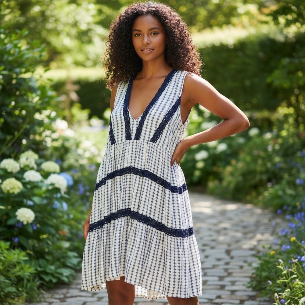 entro Navy and White V-Neck Mini Dress